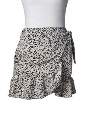 MNG Skirt Black Beige Animal Pattern Ruffled Hem Ties At The Waist